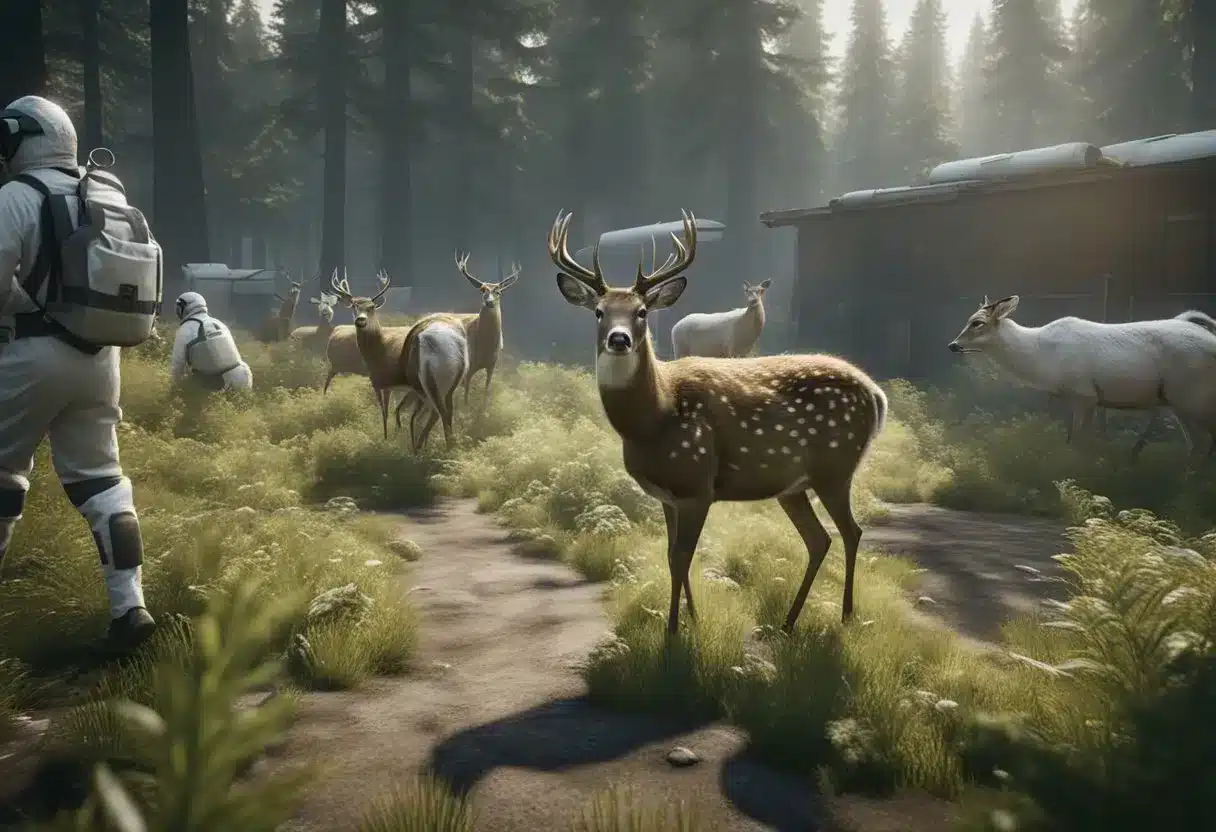 A deer with glassy eyes and stumbling gait, surrounded by other sickly animals, while scientists in hazmat suits take samples