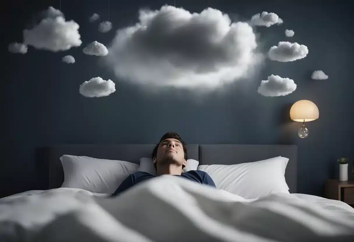 A person tossing and turning in bed, with a dark cloud hovering over their head, symbolizing the impact of sleep disorders on emotional health