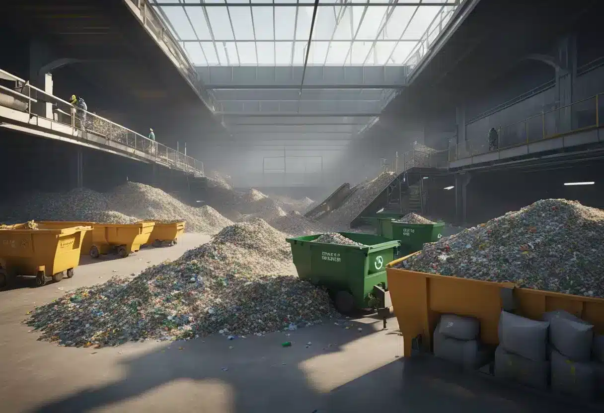 A recycling facility with workers sorting materials into different bins, while a conveyor belt moves waste to be processed