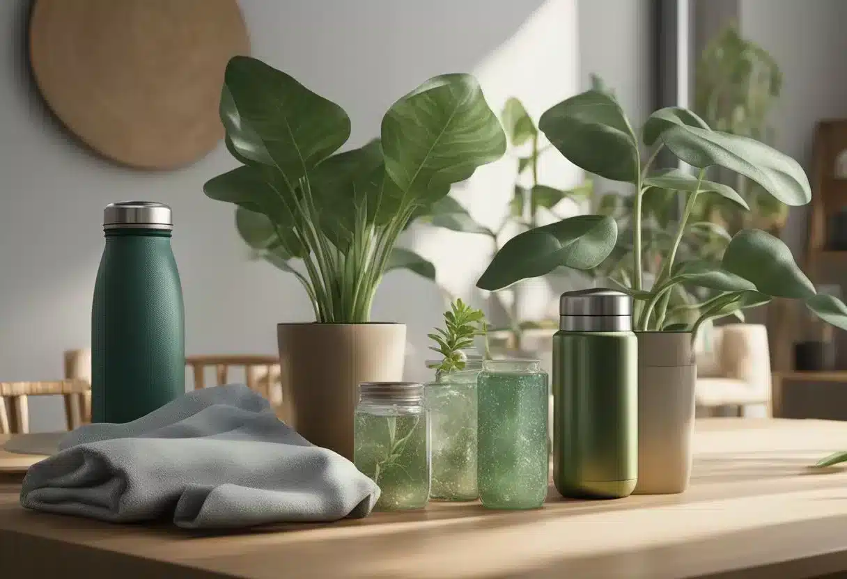 A table with various eco-friendly items: reusable water bottle, cloth shopping bags, metal straws, and a plant in a pot