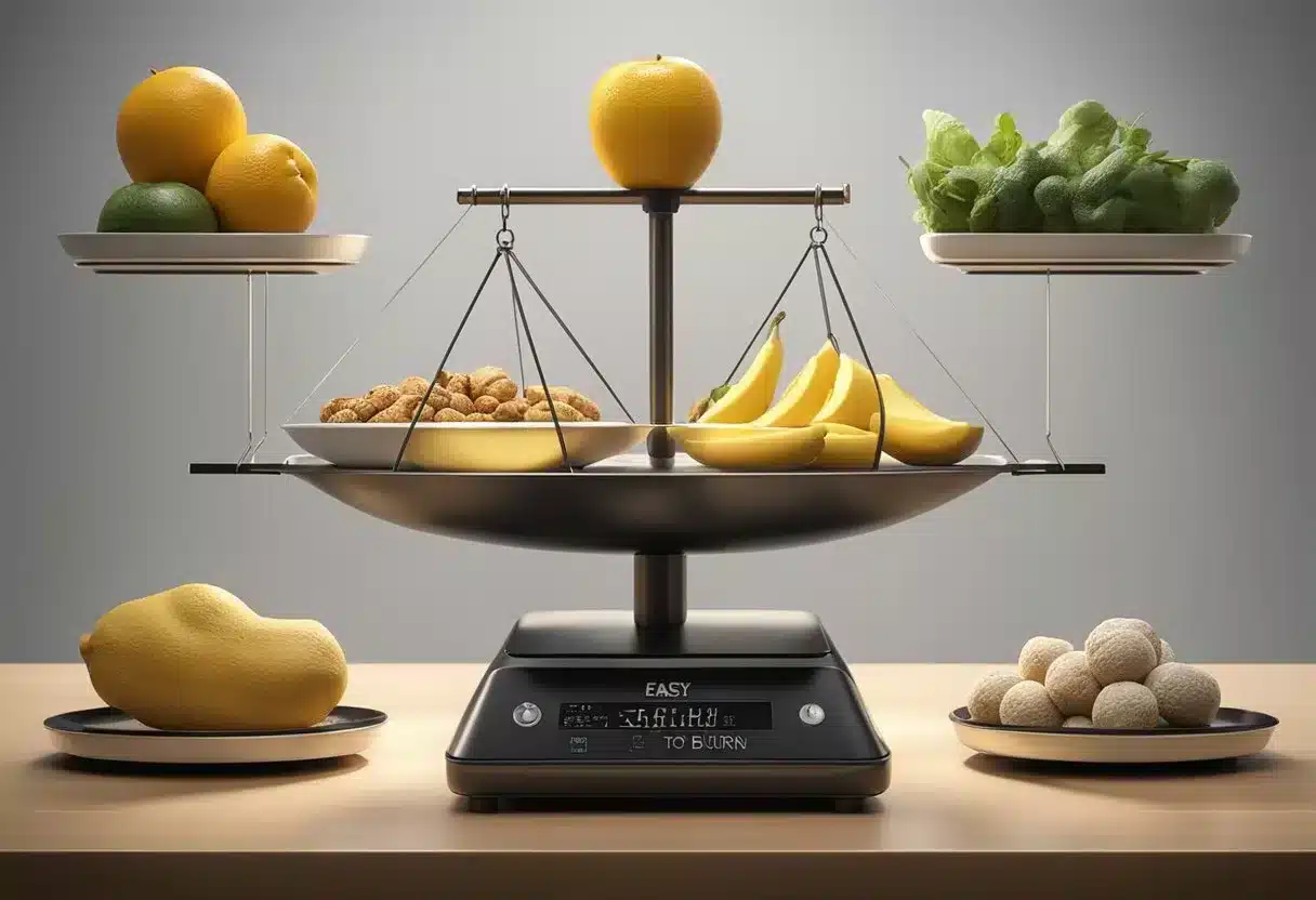 A scale balancing different foods, with some labeled "easy to burn" and others "difficult to burn."