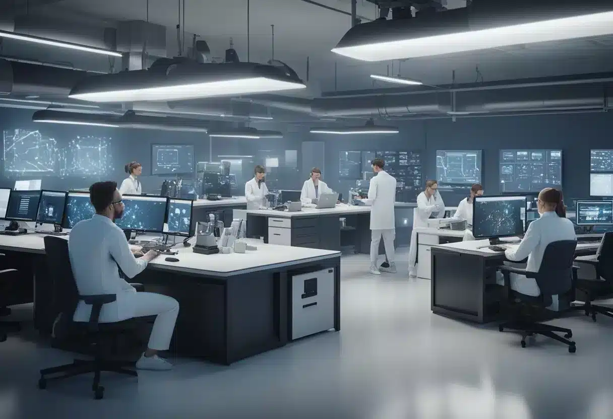 A group of scientists in a lab, surrounded by equipment and computer screens, working together to study the molecular transducers of physical activity