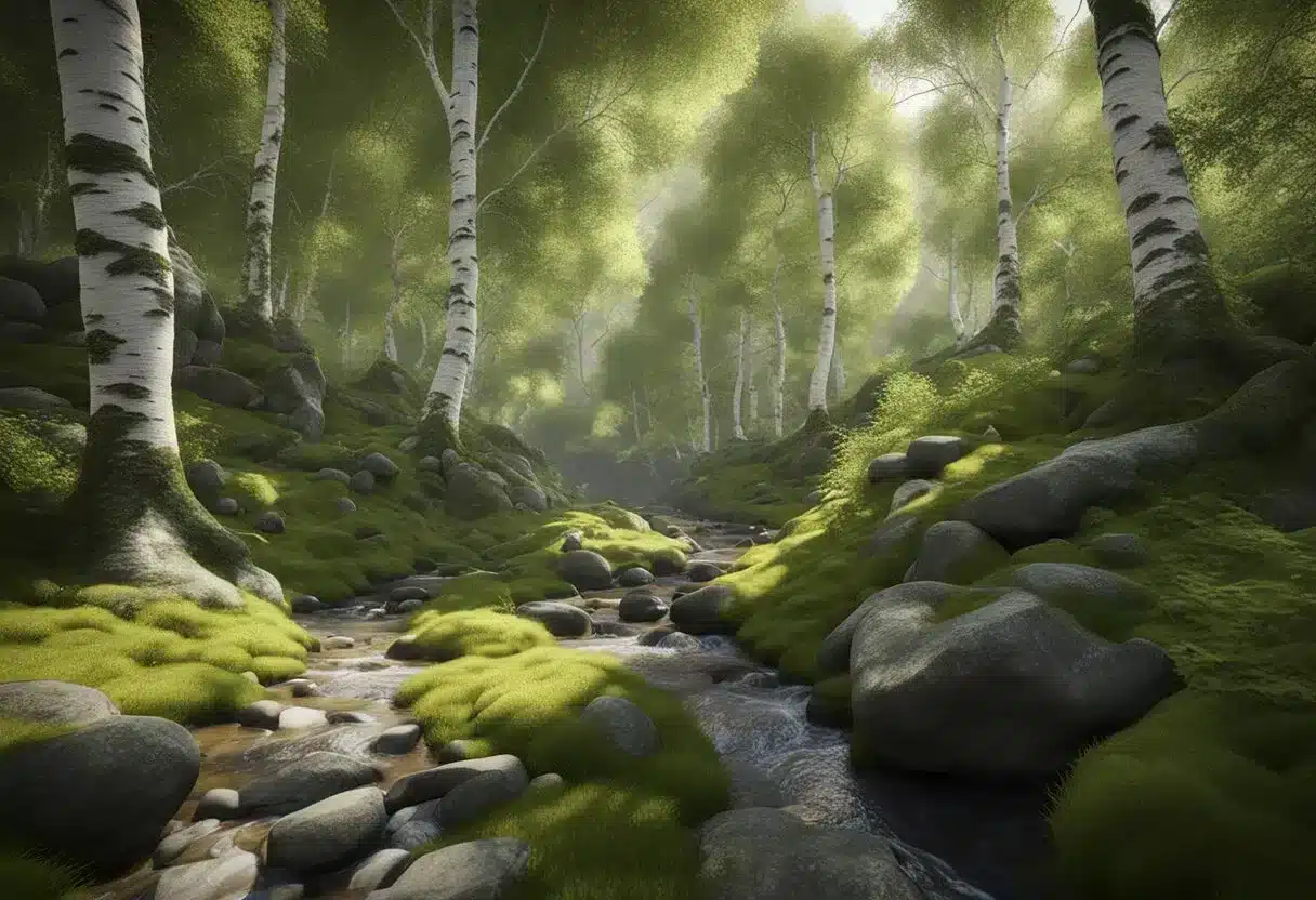 A lush forest with tall birch trees and moss-covered rocks, with a small stream flowing through the landscape