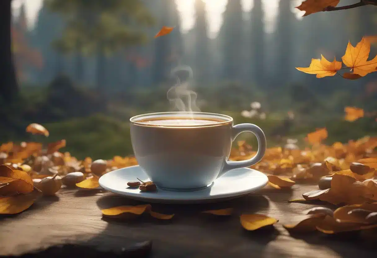 A steaming cup of reishi mushroom tea surrounded by falling leaves and a calm, peaceful setting