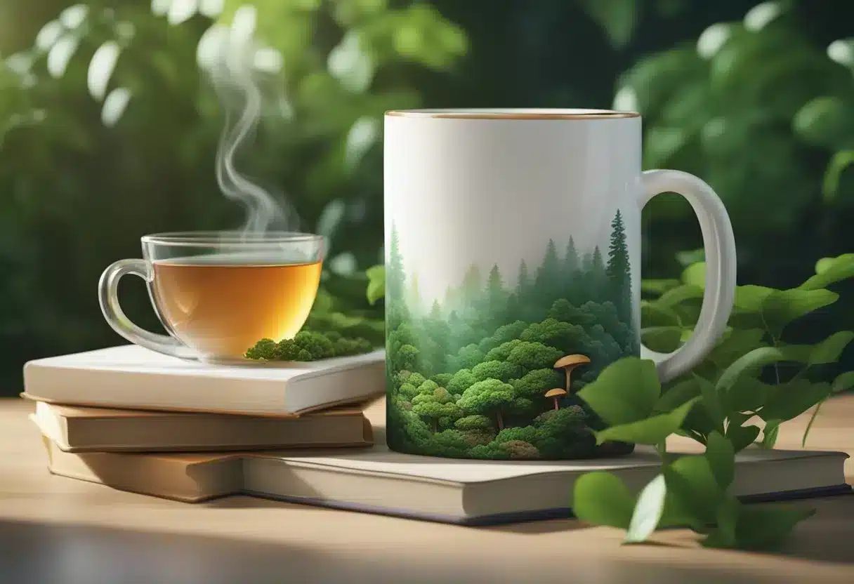 A steaming cup of reishi mushroom tea surrounded by vibrant green leaves and a small stack of books with "Frequently Asked Questions" printed on the cover