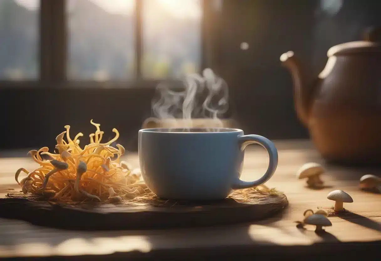 A steaming cup of cordyceps mushroom tea sits on a wooden table, surrounded by scattered dried mushrooms and a soft glow of natural light