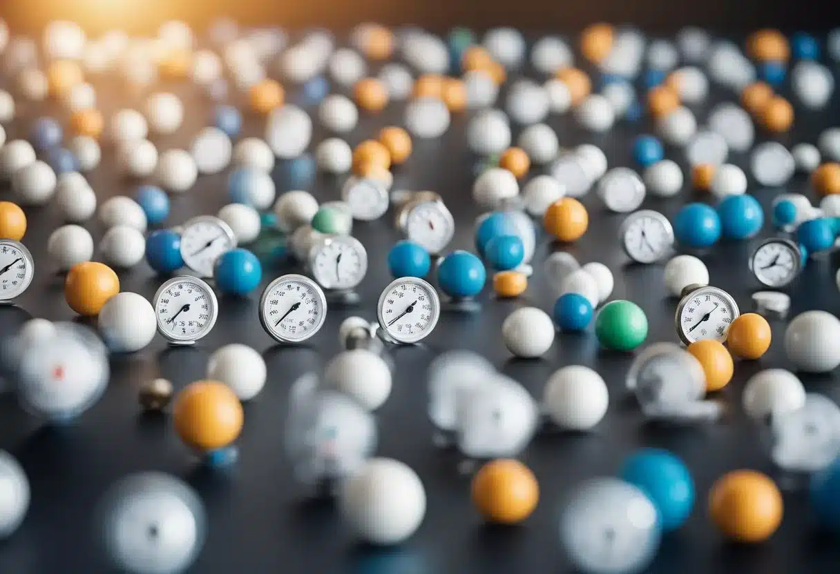 A crowded room with various potential triggers for POTS, such as heat, stress, and physical exertion. Objects like a thermometer, stress ball, and treadmill are present