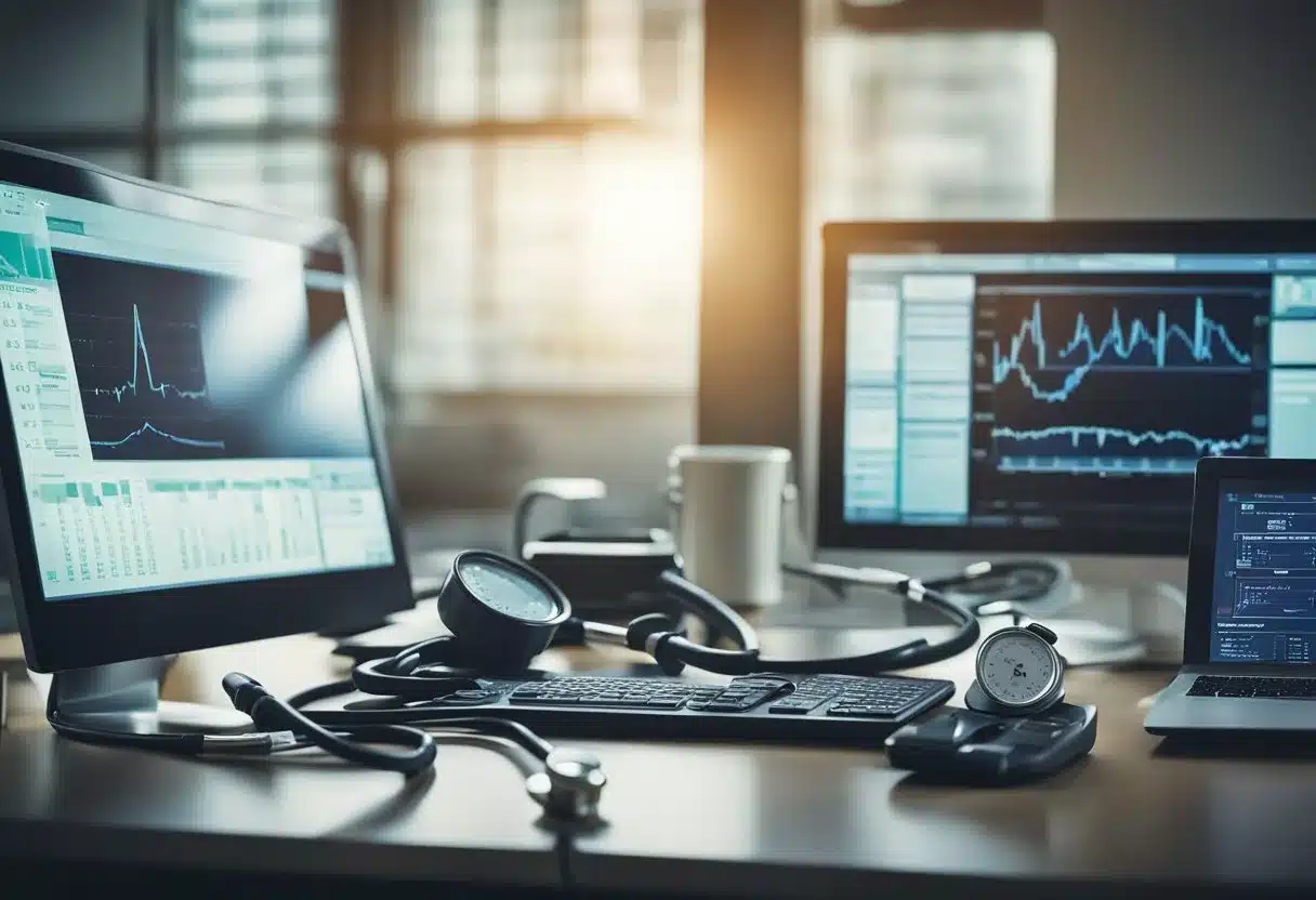 A doctor's desk with a computer screen displaying "Diagnosis of POTS" and medical equipment such as a stethoscope and blood pressure cuff