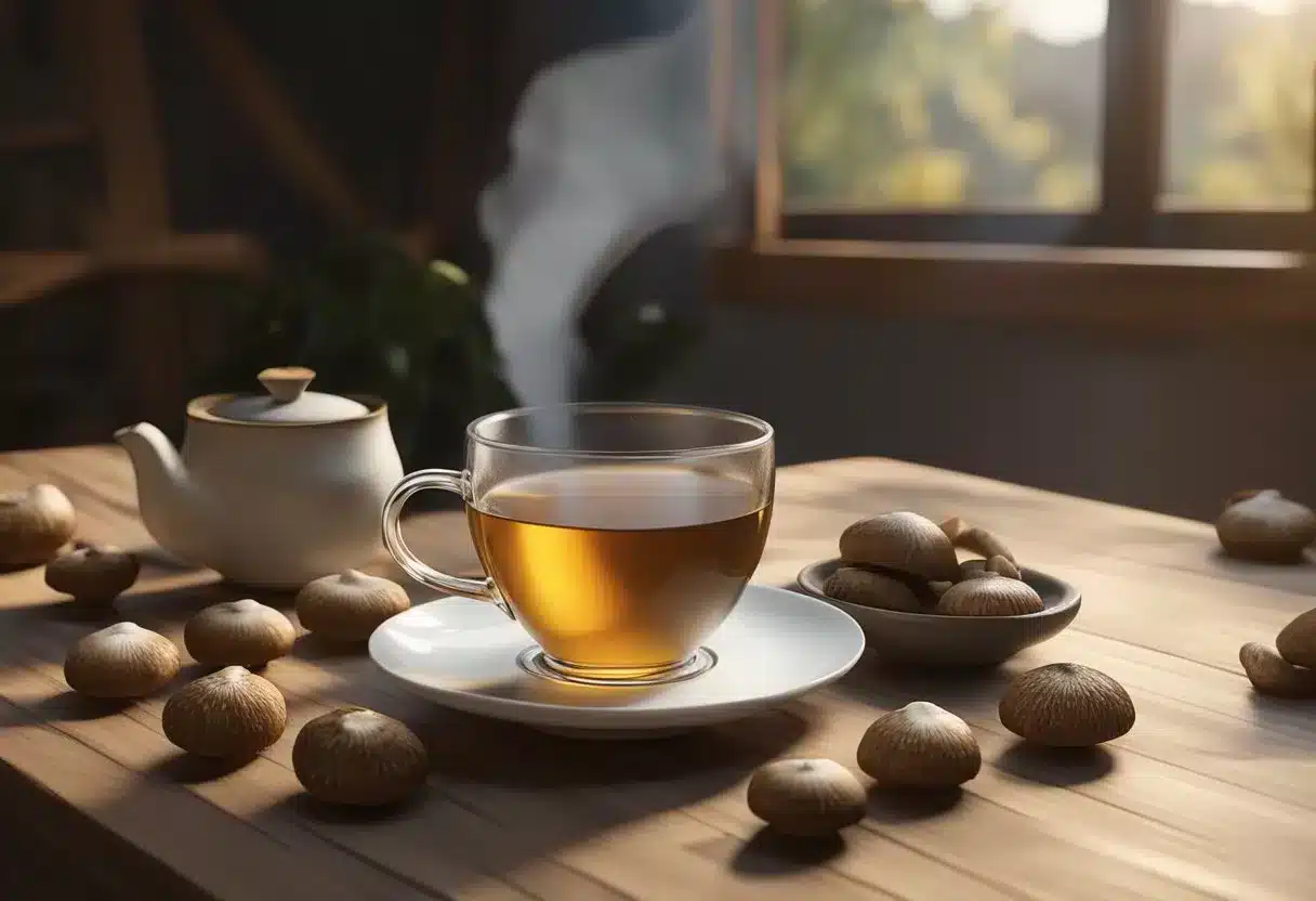 A steaming cup of shiitake mushroom tea sits on a wooden table, surrounded by scattered dried shiitake mushrooms and a few fresh ones