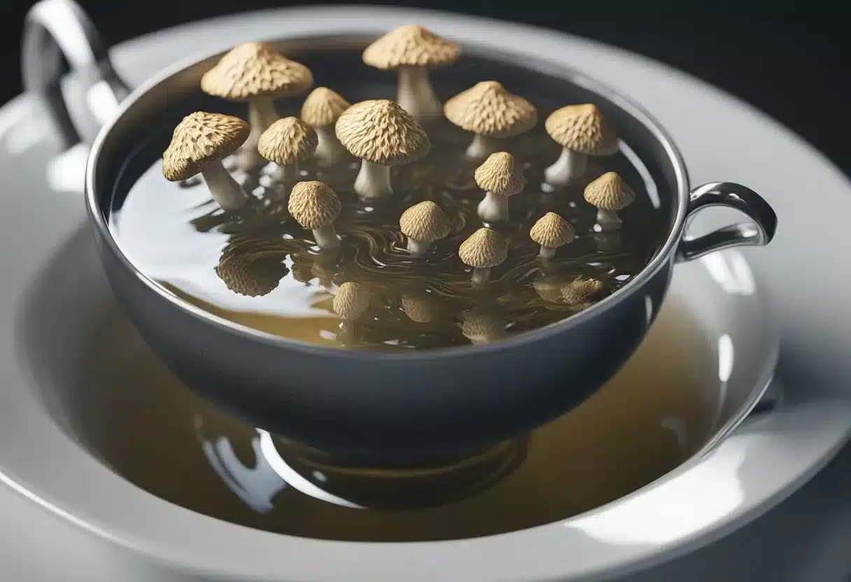 Maitake mushrooms steep in boiling water, releasing a rich, earthy aroma. Steam rises from the teapot as the tea brews