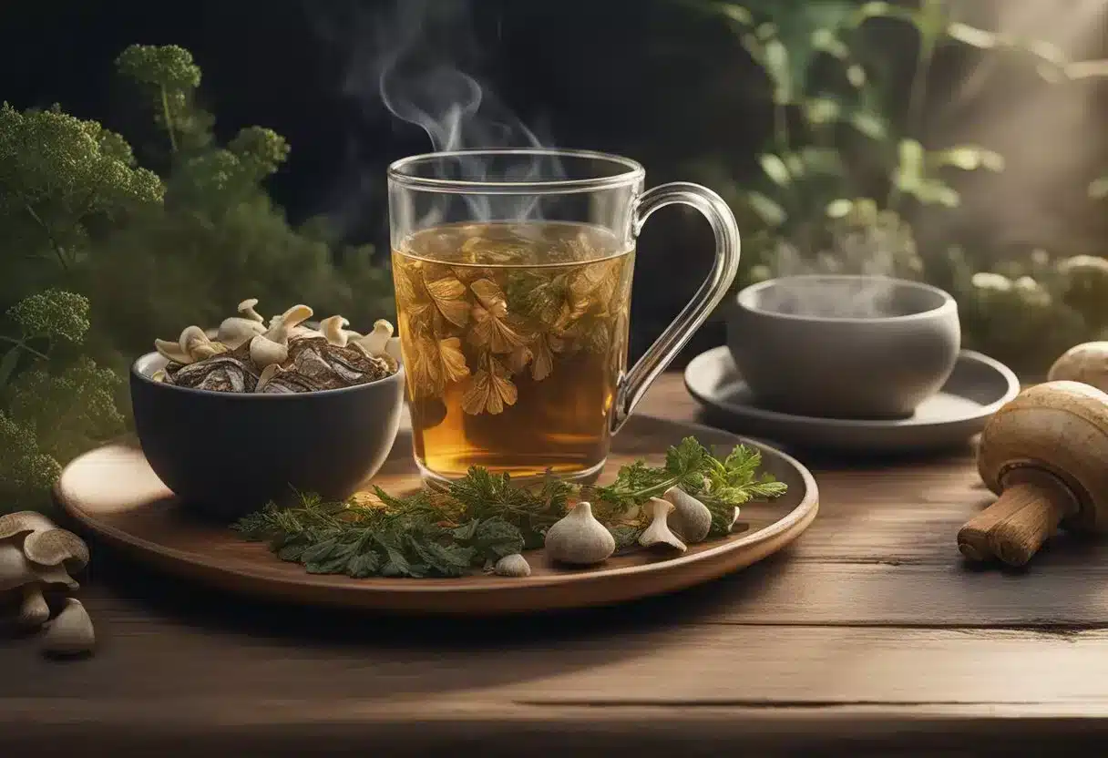 A steaming cup of turkey tail mushroom tea sits on a wooden table, surrounded by fresh mushrooms and a scattering of dried herbs and spices