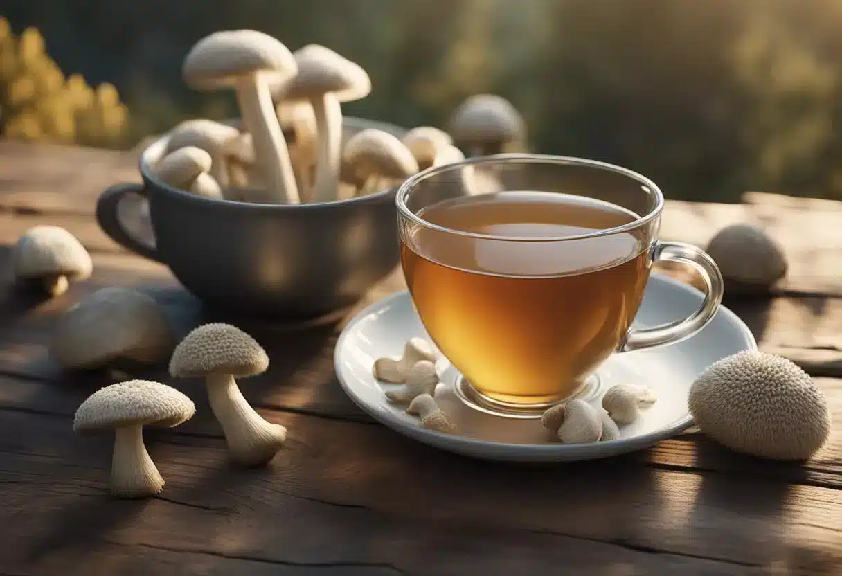 A steaming cup of lion's mane mushroom tea sits on a rustic wooden table, surrounded by foraged mushrooms and a cozy, natural setting