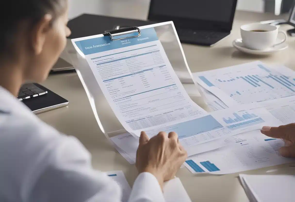 A woman sitting at a desk, surrounded by medical charts and documents, as she receives a breast cancer risk assessment score from a healthcare professional