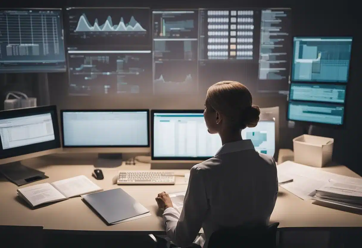 A woman sits at a desk, reviewing a breast cancer risk assessment score on a computer screen, surrounded by medical charts and reference materials