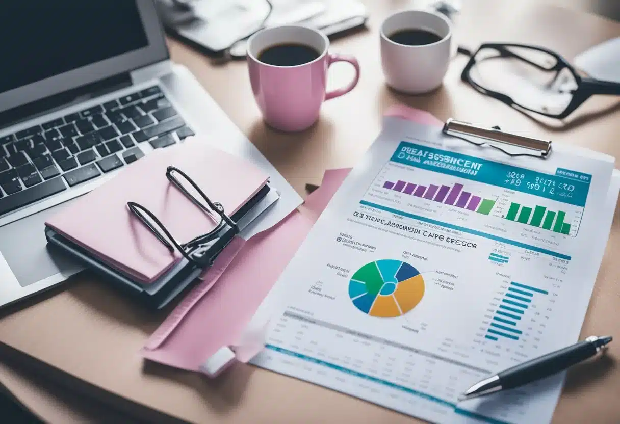 A table with a breast cancer risk assessment score chart, surrounded by medical tools and a computer displaying statistical data