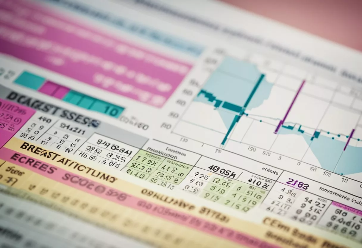 A graph showing the upward trend of breast cancer risk assessment scores over time, with key research findings highlighted in a scientific journal