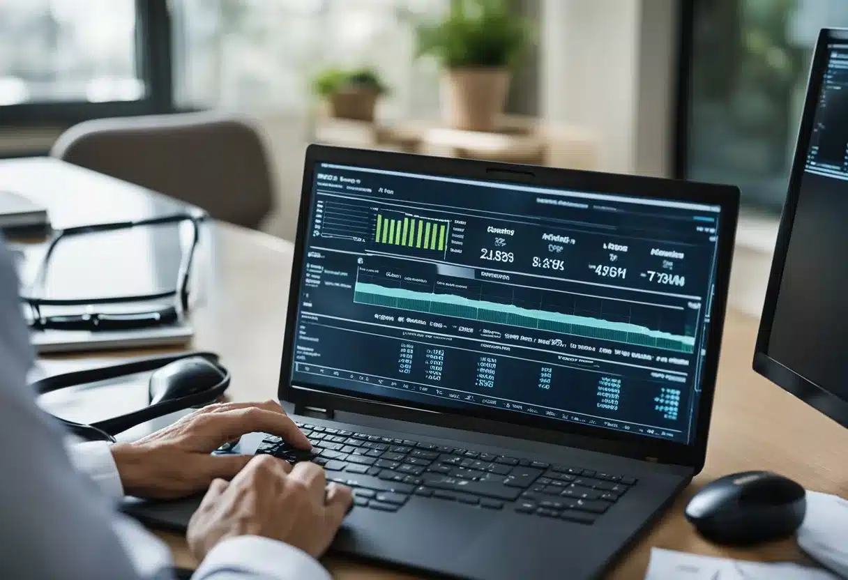 A doctor reviews a breast cancer risk assessment score on a computer screen, with a chart and graphs displayed