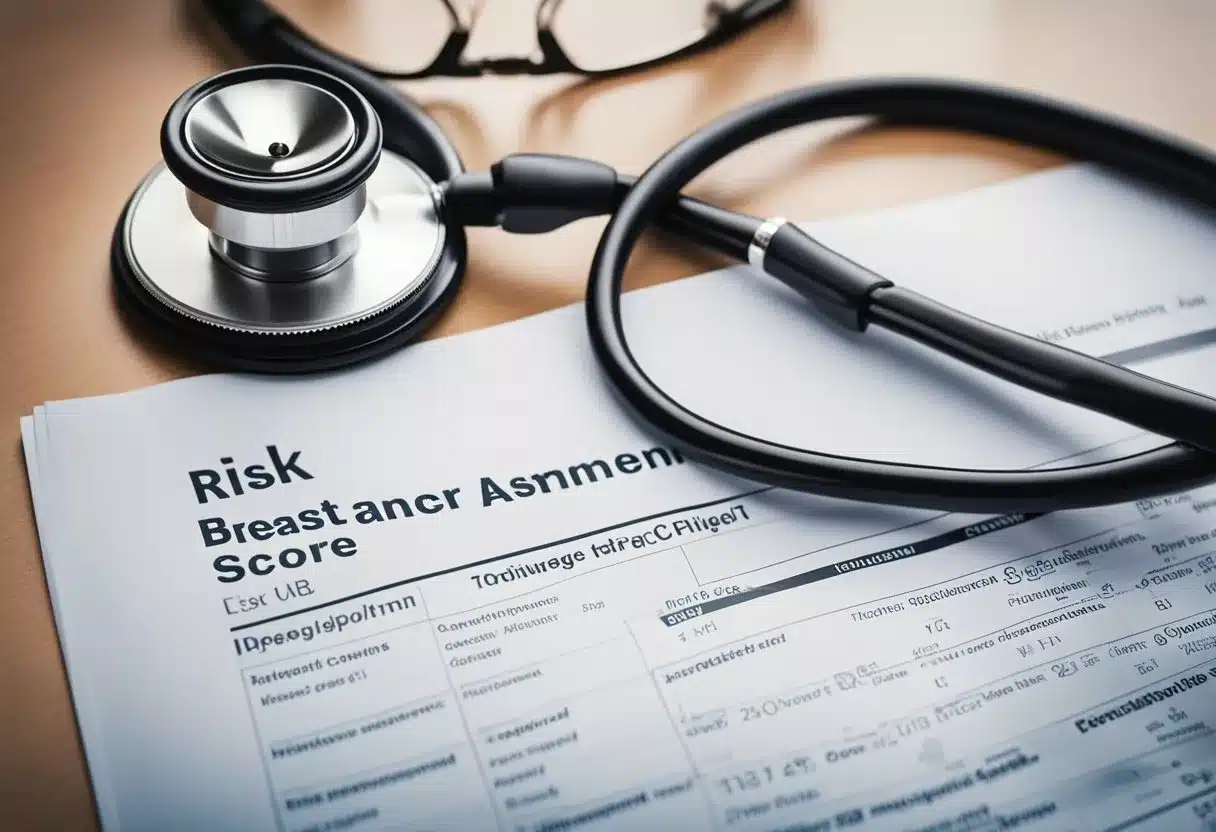 A breast cancer risk assessment score chart displayed with accompanying medical literature and a stethoscope