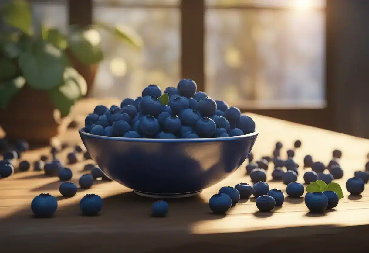 A bowl of fresh blueberries sits on a wooden table, surrounded by scattered berries. A beam of sunlight highlights their rich, deep blue color