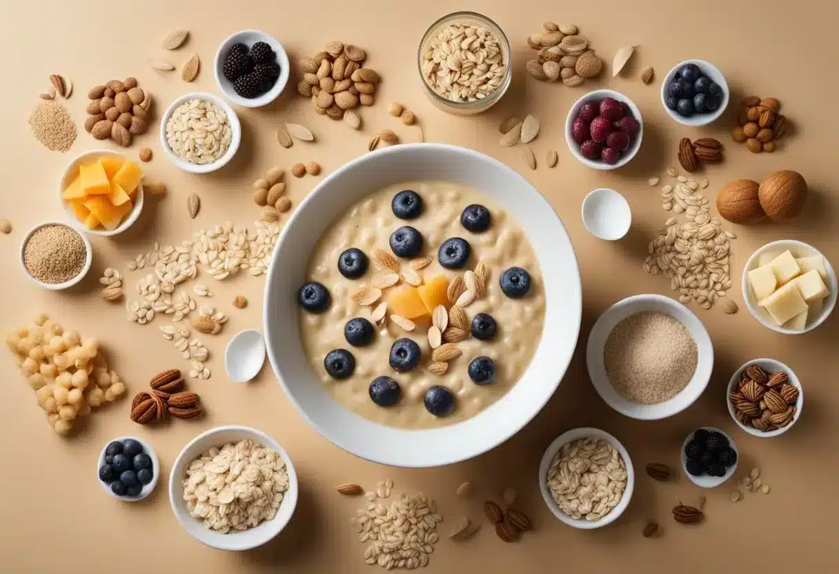 A bowl of oatmeal surrounded by various food items and a body silhouette with arrows pointing to different organs