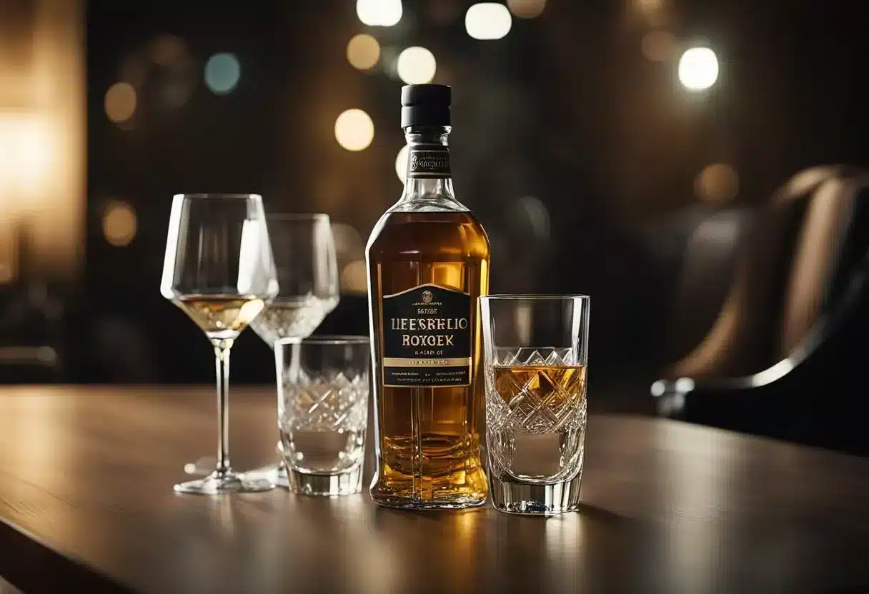 A bottle of alcohol sits on a table, surrounded by empty glasses. The room is dimly lit, with a sense of disarray