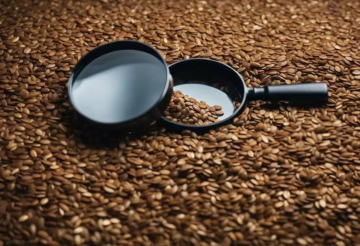 A pile of flaxseeds spills from a container, with a magnifying glass nearby to symbolize close examination of potential side effects and considerations