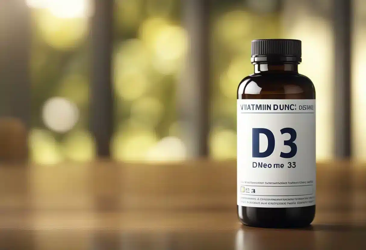 A bottle of vitamin D3 sits on a table, with rays of sunlight shining down on it. The label on the bottle shows a healthy, vibrant sun