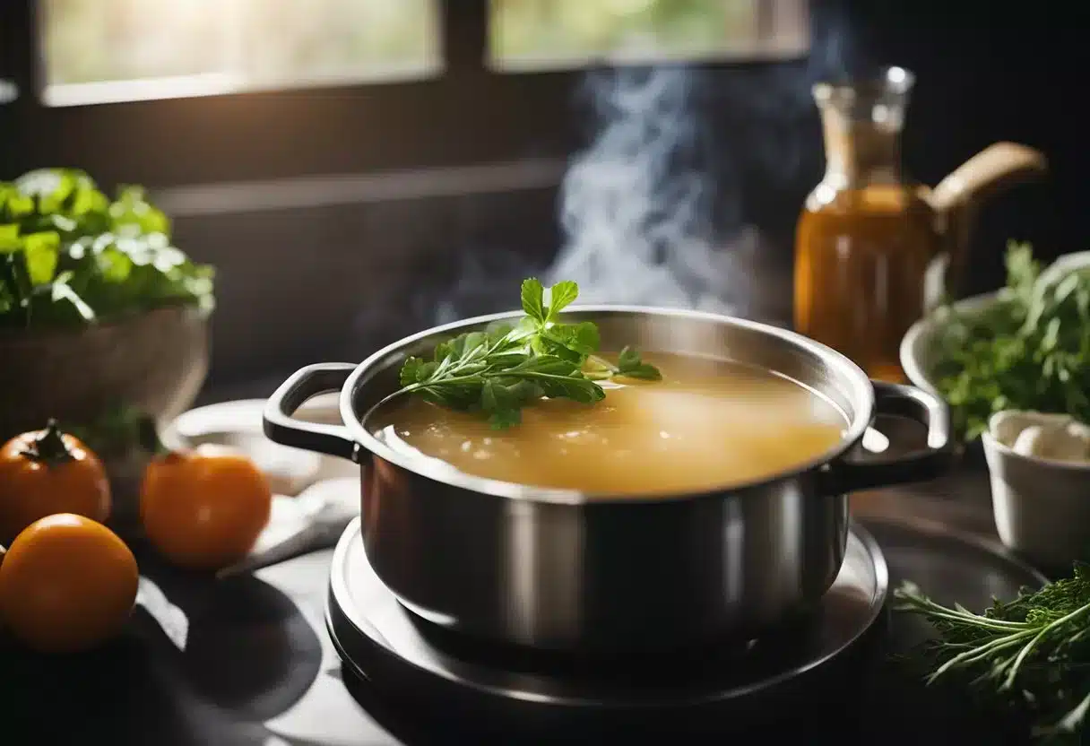 A steaming pot of bone broth sits on a stove, surrounded by fresh vegetables and herbs. A warm, comforting aroma fills the kitchen, evoking a sense of nourishment and wellness