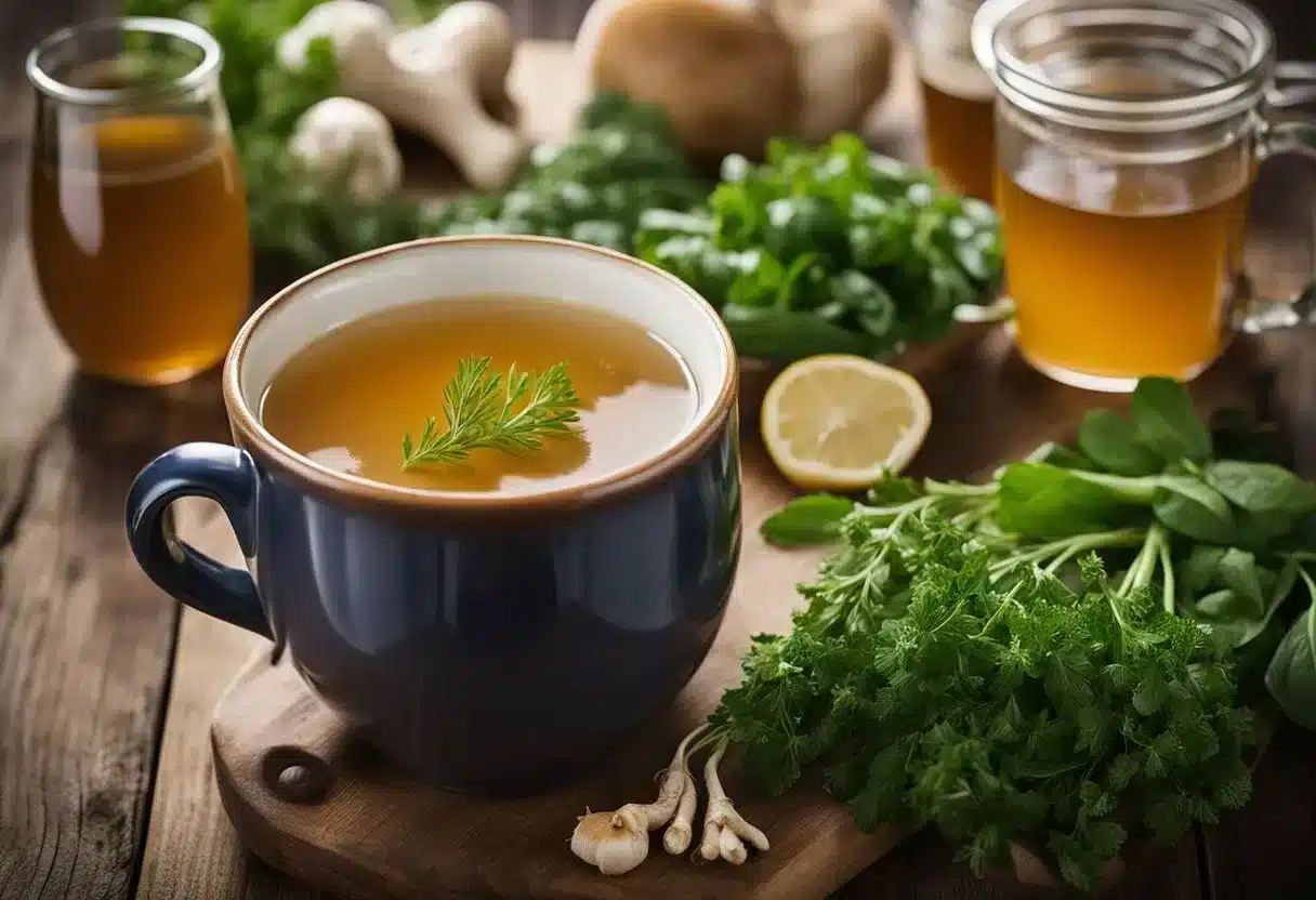 A steaming mug of bone broth sits on a wooden table, surrounded by fresh herbs and vegetables. A warm, comforting aroma rises from the mug, evoking feelings of nourishment and well-being