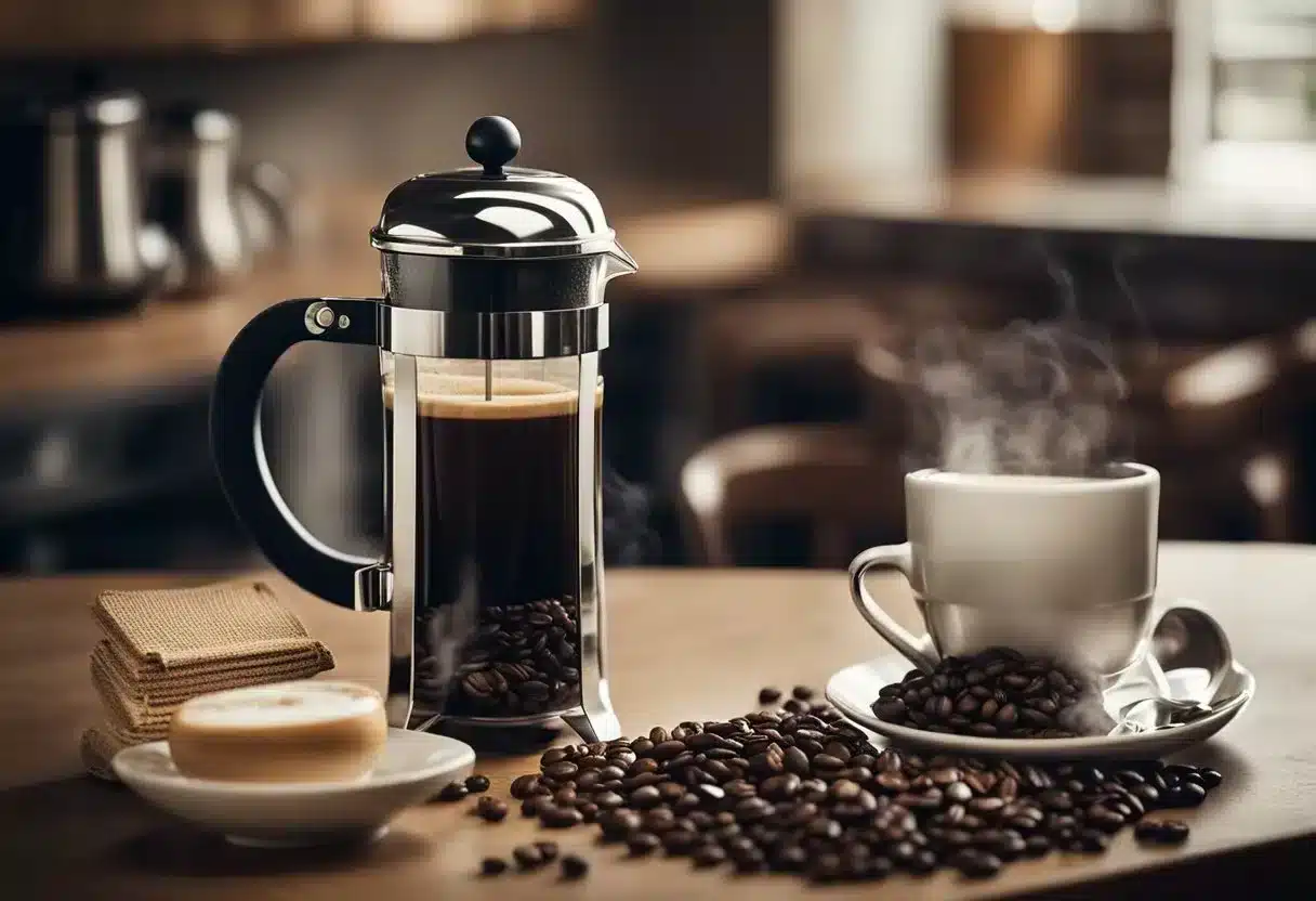 A steaming cup of coffee sits on a table, surrounded by a variety of coffee-related items such as beans, a grinder, and a French press. A book titled "Recommendations for Coffee Drinkers" is open nearby