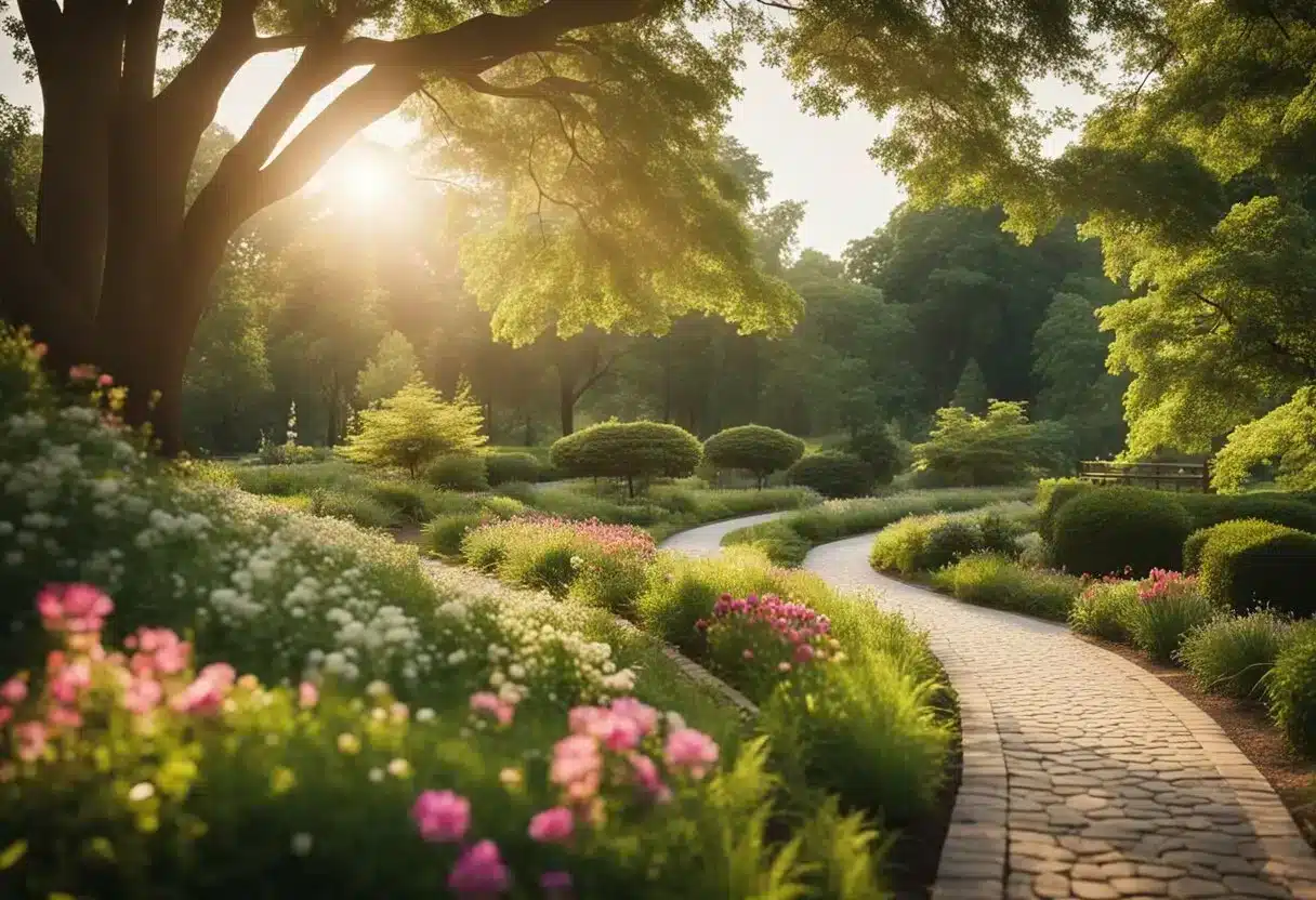 A serene park with a winding path, surrounded by lush greenery and vibrant flowers. The sun is shining, casting a warm glow on the peaceful scene