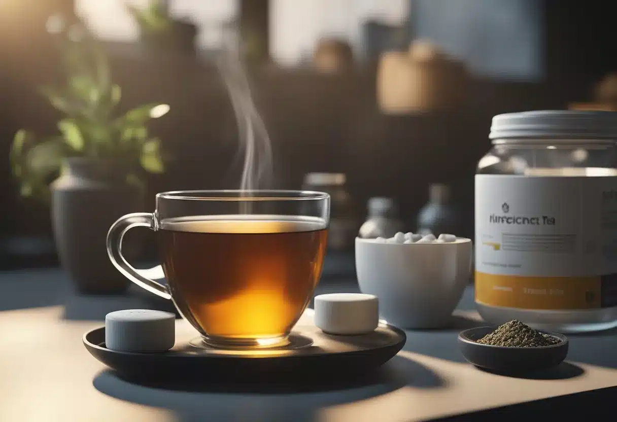 A steaming cup of black tea sits on a table, surrounded by various medication bottles and supplements. A warning sign is posted nearby, indicating potential risks and interactions with daily consumption