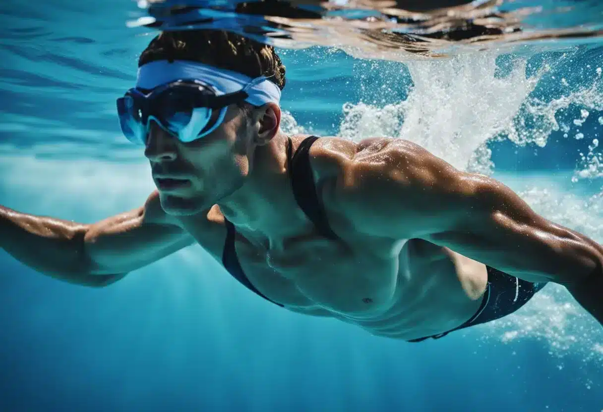 A swimmer glides through clear blue waters, muscles toned from daily exercise. The body moves with grace and strength, supported by the buoyancy of the water