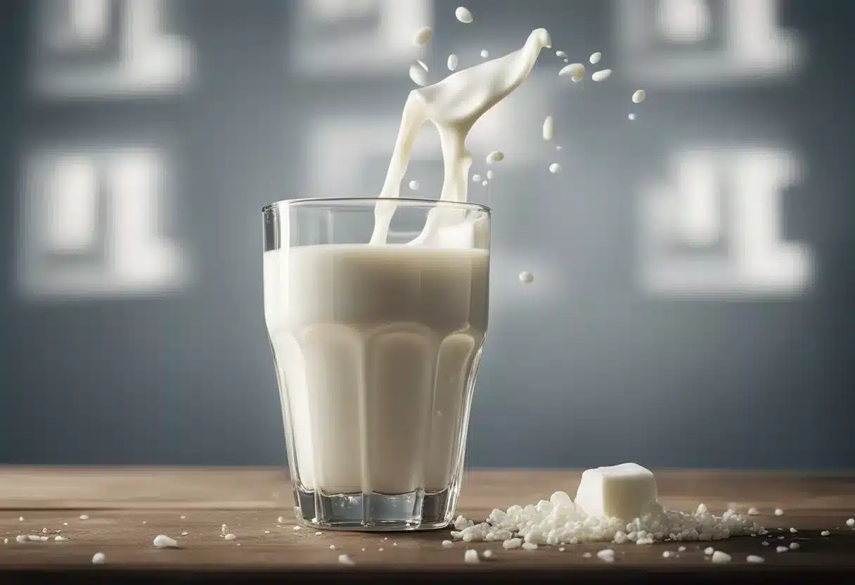 A glass of milk tipping over, spilling onto a table. A warning sign with "Potential Risks and Side Effects" in bold letters