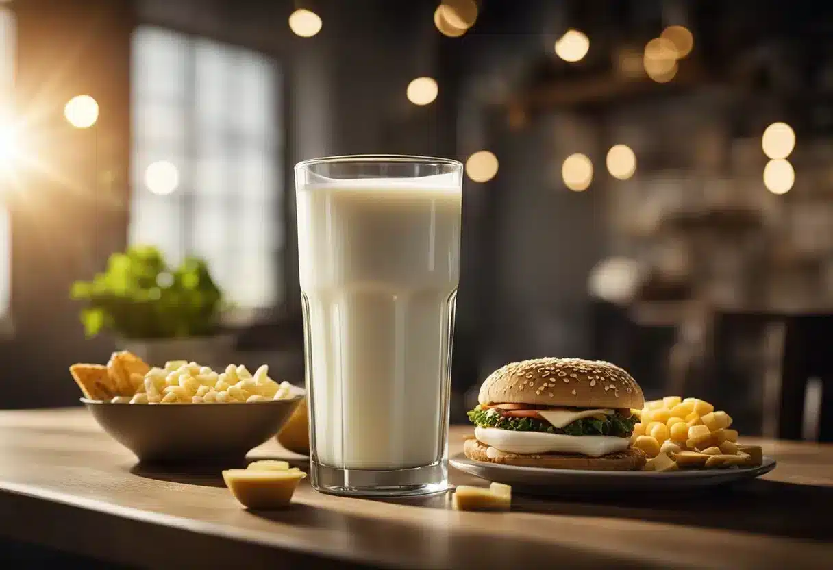 A glass of milk sits on a table surrounded by various food items. A beam of light shines down on the glass, highlighting its importance in a balanced diet