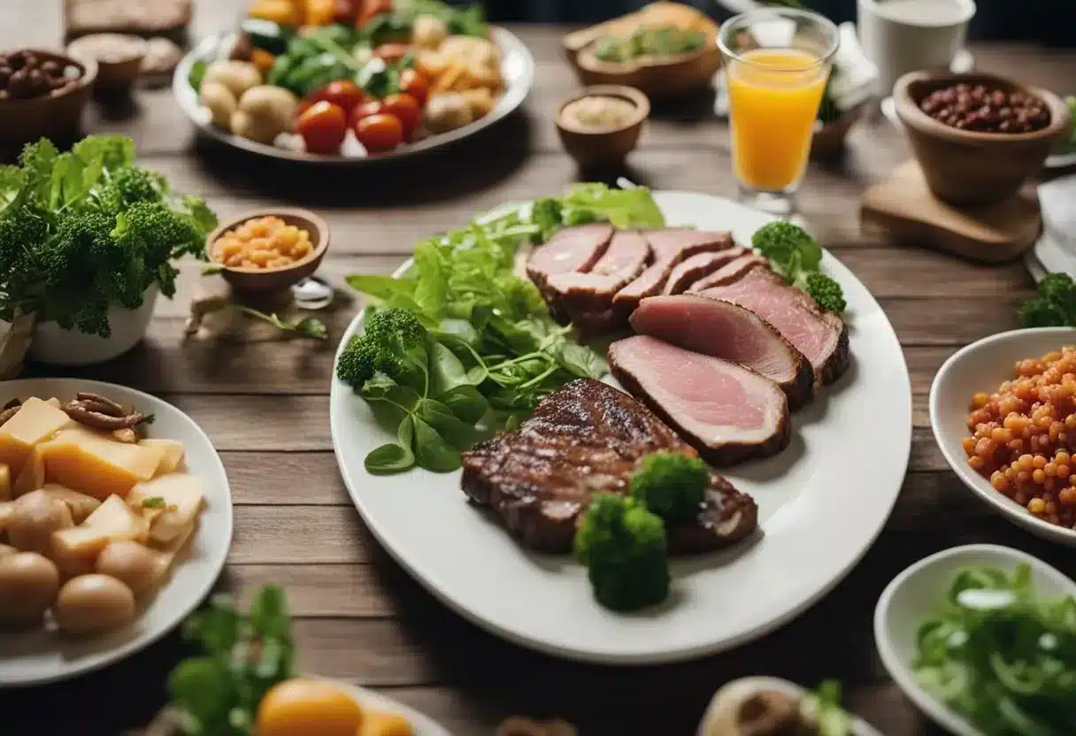 A table with various plant-based foods and a plate of meat. A person choosing between the two options, with a thought bubble showing the effects of daily meat consumption on the body