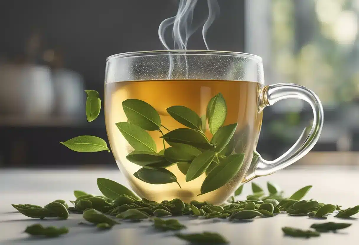 Various tea leaves and antioxidant molecules floating in a steaming cup