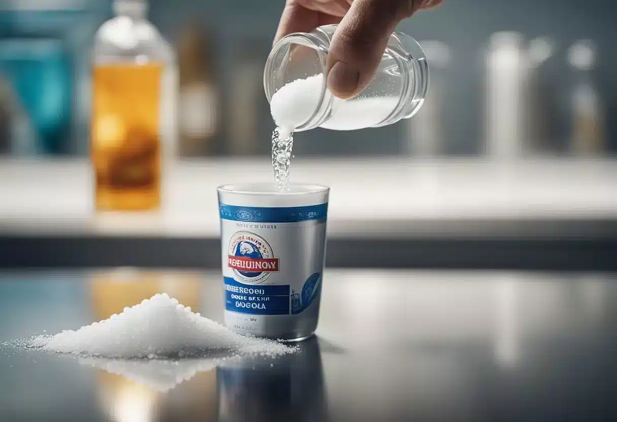 Baking soda spills from a daily dose bottle, dispersing into the air. A measuring spoon sits nearby, as a glass of water waits to be mixed