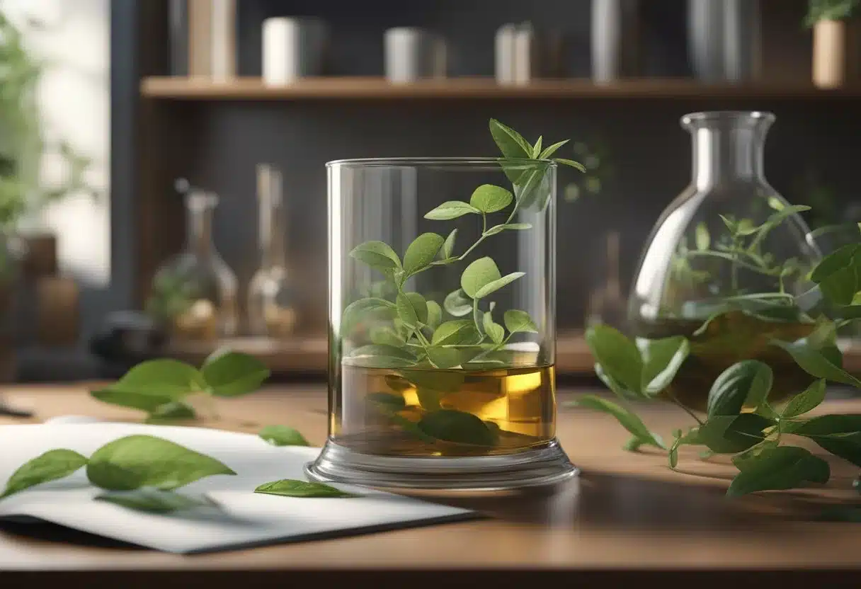 Tea leaves swirling in a glass beaker, surrounded by scientific equipment and research papers on antioxidants
