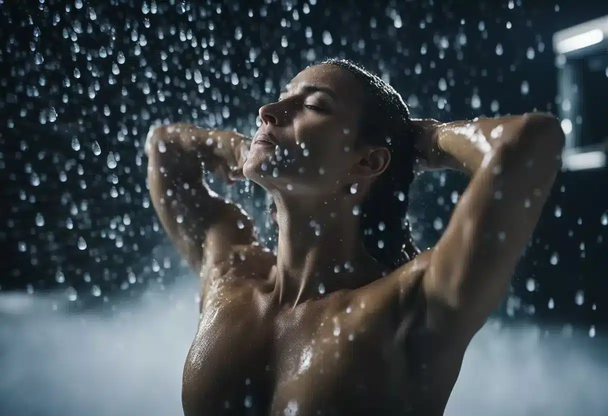 A person stands under a cold shower, water droplets bouncing off their skin. The steam rises as their body adjusts to the shock of the cold water