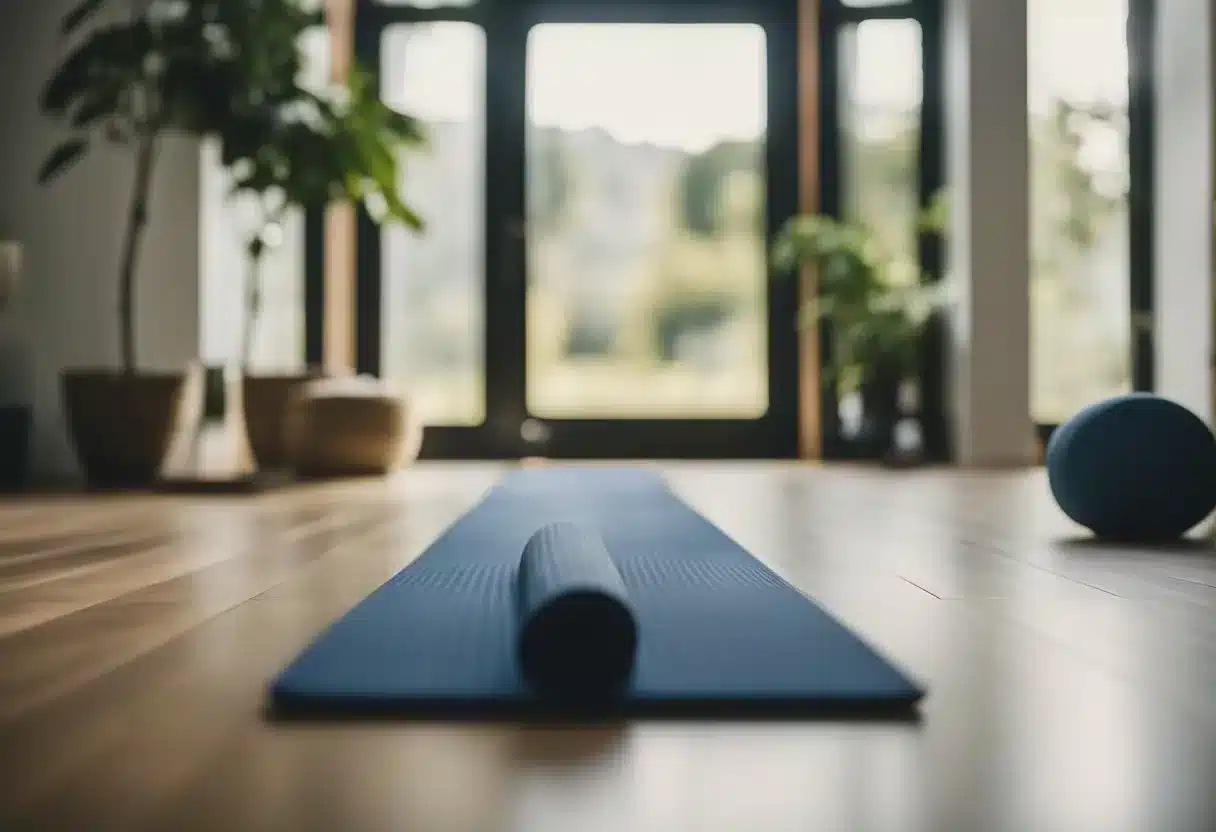 A serene, open space with a peaceful atmosphere. The scene includes a yoga mat and a timer, symbolizing the daily commitment to doing planks for physical and mental benefits