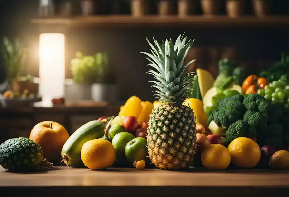 A pineapple sits on a table, surrounded by various fruits and vegetables. A beam of light shines on it, emphasizing its vibrant colors and tempting appearance