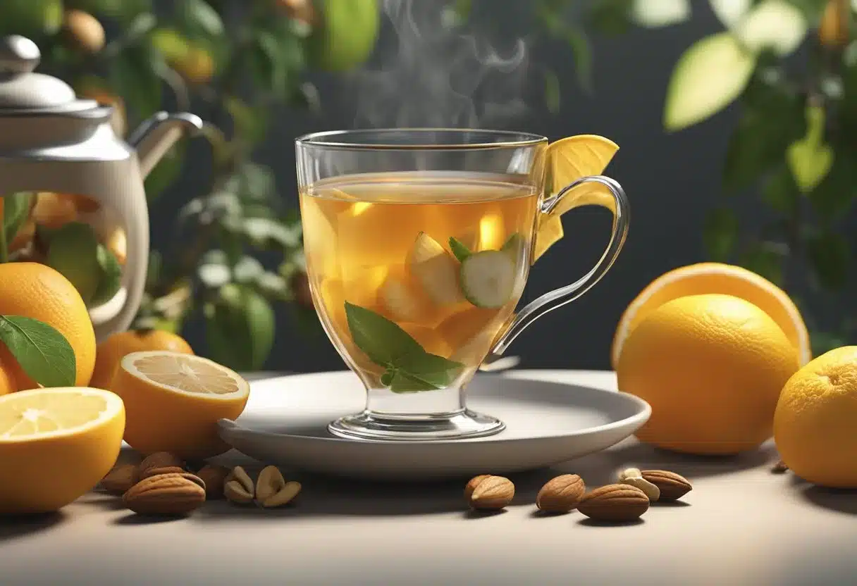 A steaming cup of tea surrounded by fresh fruits and heart-healthy nuts