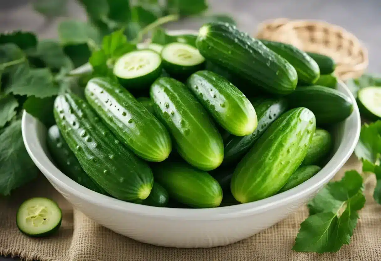 A bowl of fresh cucumbers surrounded by vibrant green leaves, with a bright spotlight shining on them, showcasing their crisp texture and refreshing appearance