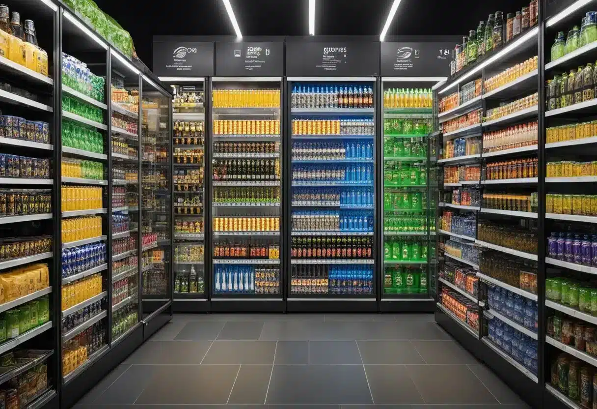 Shelves stocked with energy drinks, surrounded by busy consumers. Trendy packaging and bold marketing. Illustrate the impact on health and lifestyle