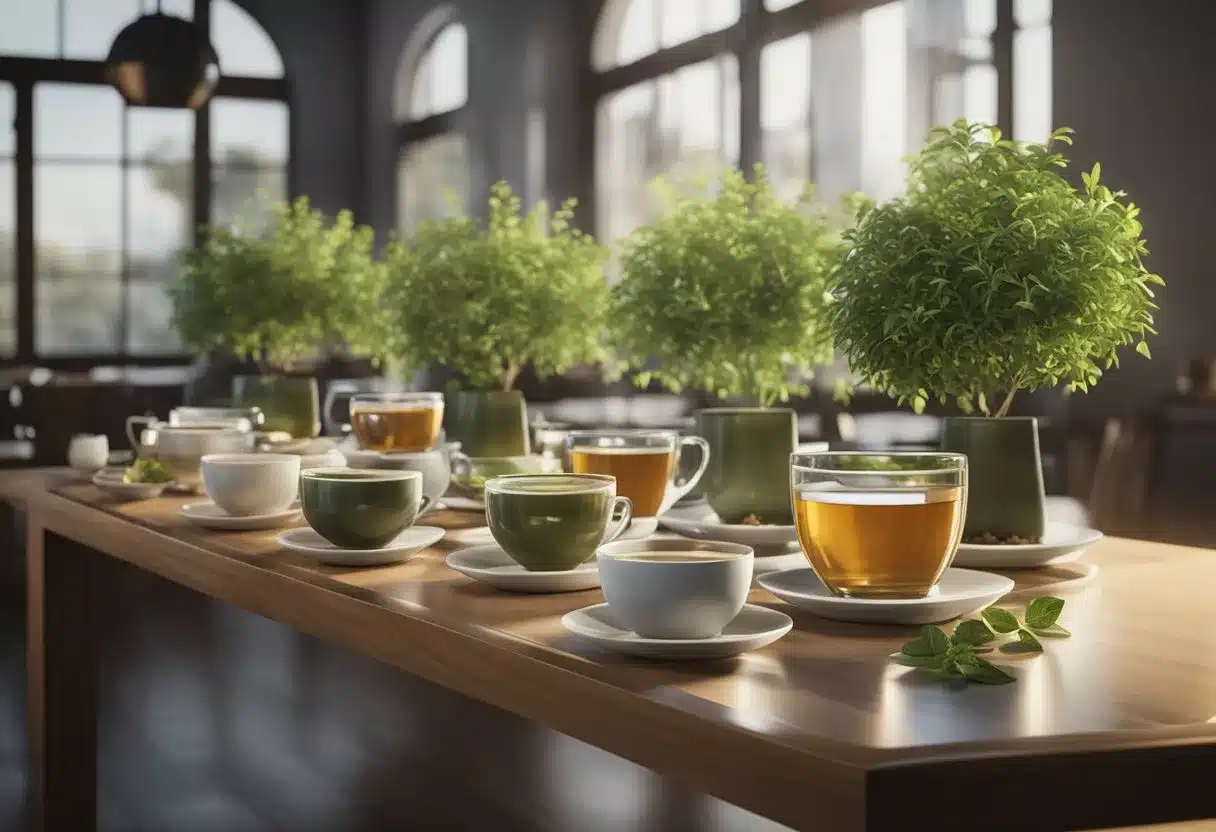 A table displaying different tea varieties, with a heart in the background to symbolize the connection between tea and heart health