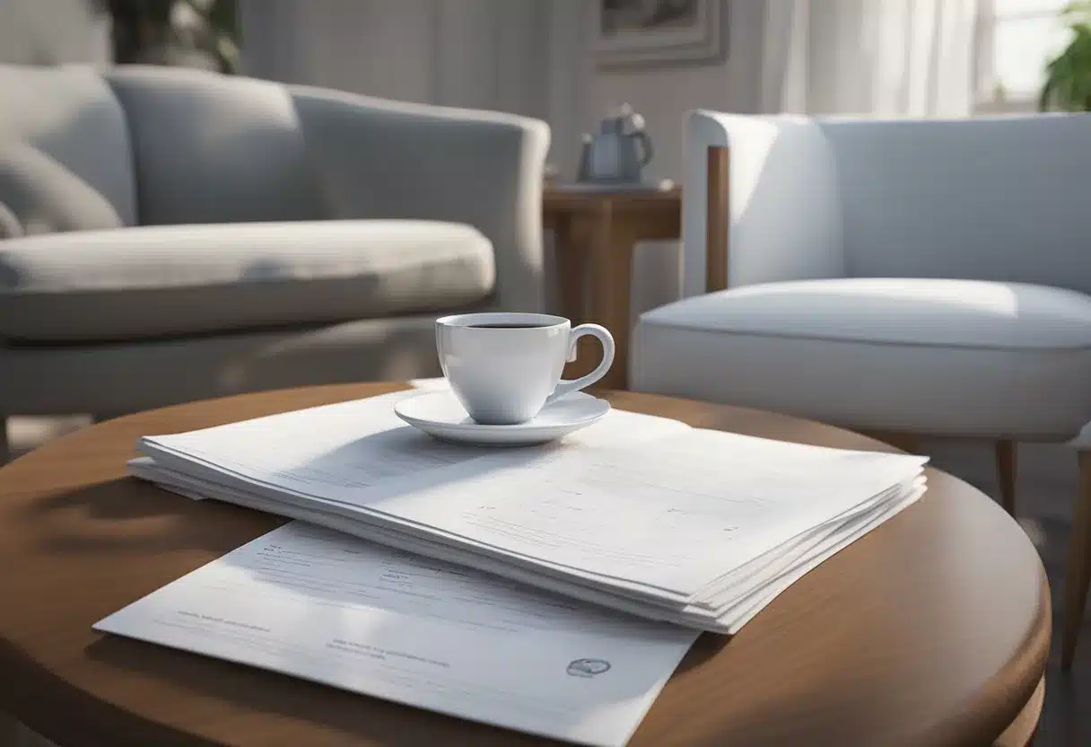 A white lab coat hangs on a chair, next to a steaming cup of tea and a stack of heart health research papers