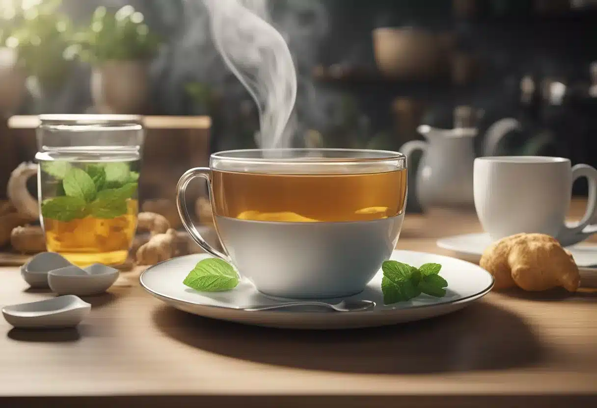 A steaming cup of tea surrounded by various digestive health-related items like ginger, peppermint, and probiotics