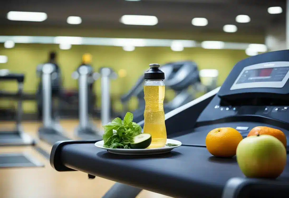 A water bottle and a plate of fruits and vegetables sit next to a treadmill. Sweat drips down the machine as it runs continuously