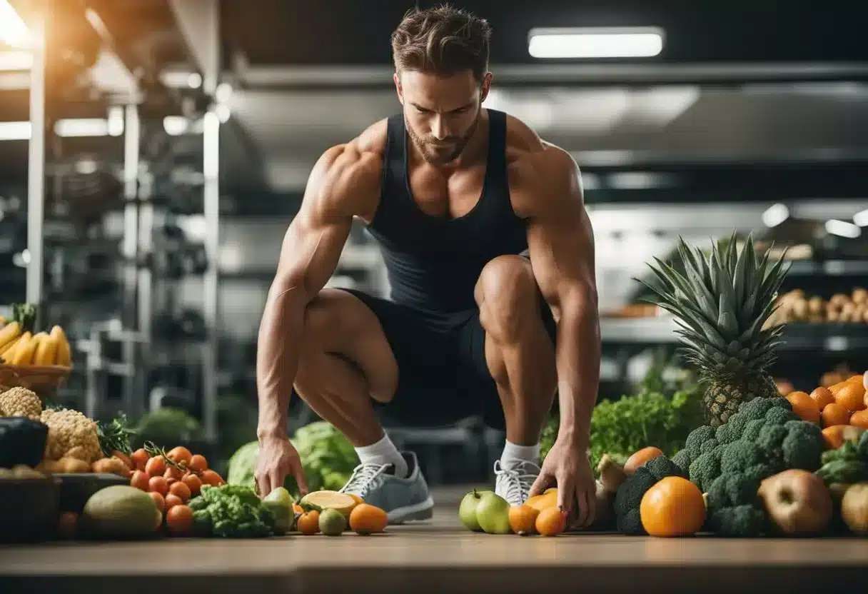 A person squatting daily, surrounded by healthy food and a strong, toned body